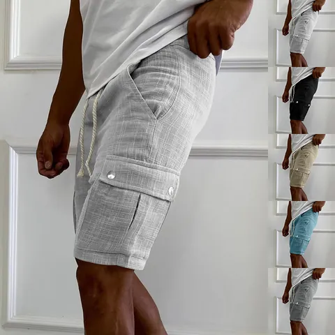 Men's Casual Cargo Shorts Summer Slim Fit Linen Blend Drawstring Mid Length Shorts Lightweight Solid Color Outdoor Bottoms