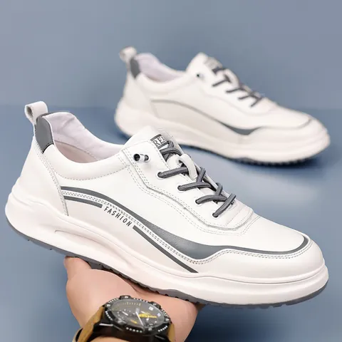 Men Casual White Board Shoes Fashion Color Block Streetwear Sports Sneakers Cowhide Leather Light Trend Board Shoes For Men