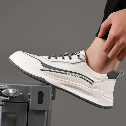 Men Casual White Board Shoes Fashion Color Block Streetwear Sports Sneakers Cowhide Leather Light Trend Board Shoes For Men