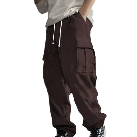 Men American Retro Corduroy Cargo Pants Loose Straight Leg Casual Trousers With Pockets Solid Color Spring Fashion Bottoms