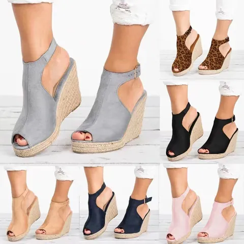 Women Suede Wedge Sandals Platform Peep Toe Espadrille Woven Heel Buckle Ankle Strap Summer Casual Holiday Sandals Shoes For Women