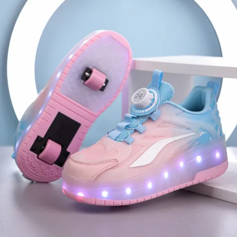 Kids Roller Shoes Double Wheel Retractable LED Light-up Skates Rotary Button Breathable Mesh Sport Sneakers For Boys Girls