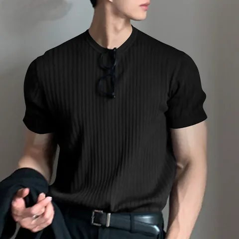 Ανδρικό Πλεκτό T-Shirt με Ρίγα Κοντό Μανίκι Casual Στρογγυλή Λαιμόκοψη Πολυεστέρας Χαλαρό Τοπ Καλοκαίρι Μονόχρωμο