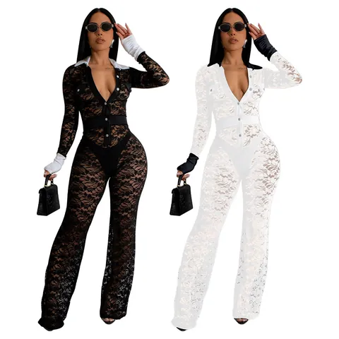 Combinaison Femme Sexy en Dentelle Patchwork Manches Longues Col Rabattu Boutonnée Bloc de Couleur Maille Transparente Romper Long