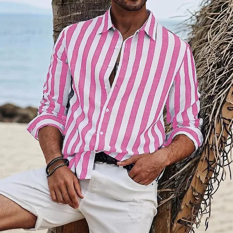 Heren Casual Gestreept Overhemd Garengeverfd Katoenmix Button Down Revers Top Voor Dagelijkse Vakantie Strand Vintage Stijl