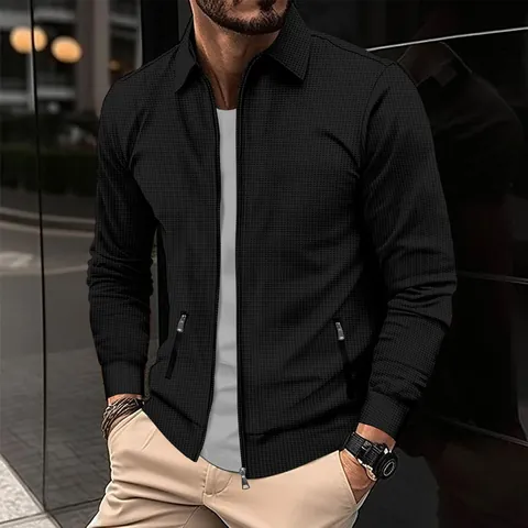 Men Waffle Knit Jacket Lightweight Zipper Front Lapel Slim Fit Cardigan Jacket Long Sleeve Solid Casual Coat Men Outerwear