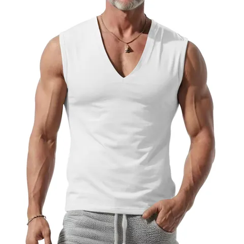 Men's Casual Sleeveless Tank Top V-Neck Solid Color Polyester Breathable Vest Summer Loose Fit Sports Outdoor Gym Top