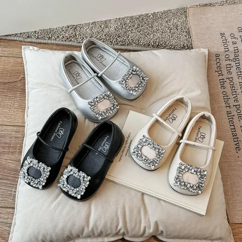 Scarpe Ballerine da Ragazza Stile Francese Punta Quadrata con Fibbia in Strass Mary Jane Suola Morbida Slip-On