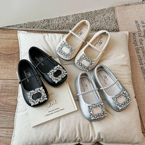 Mädchen Französischer Stil Quadratische Zehenpartie Ballettflats Strass Quadratische Schnalle Mary Jane Schuhe Weiche Sohle