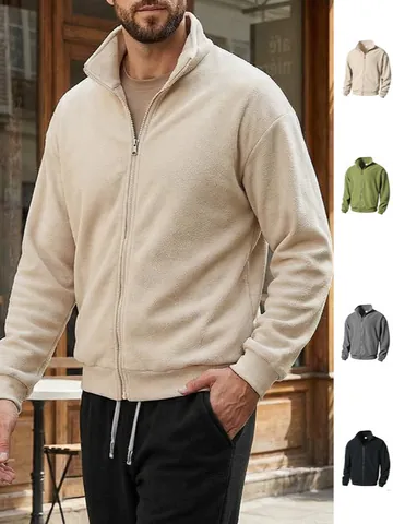Heren Casual Polar Fleece Sweatshirt Opstaande Kraag Volledige Rits Cardigan Warm Verdikt Effen Kleur Lange Mouw Top