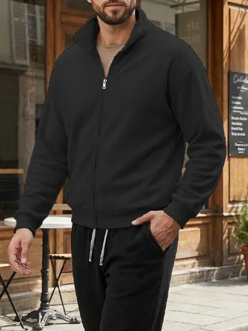 Heren Casual Polar Fleece Sweatshirt Opstaande Kraag Volledige Rits Cardigan Warm Verdikt Effen Kleur Lange Mouw Top