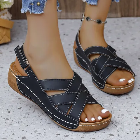 Women's Casual Wedge Sandals Synthetic Leather Thick Sole Cross Strap Peep Toe Platform Summer Beach Sandals Fashion Shoes