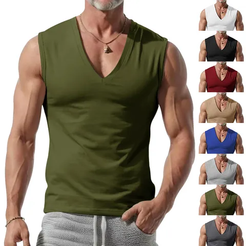 Men's Casual Sleeveless Tank Top V-Neck Solid Color Polyester Breathable Vest Summer Loose Fit Sports Outdoor Gym Top