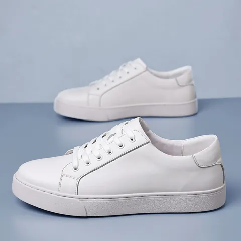 Top Grain Leather Men Shoes British Style Thick Sole Casual Sneakers Breathable Handmade White Sports Leather Shoes For Men