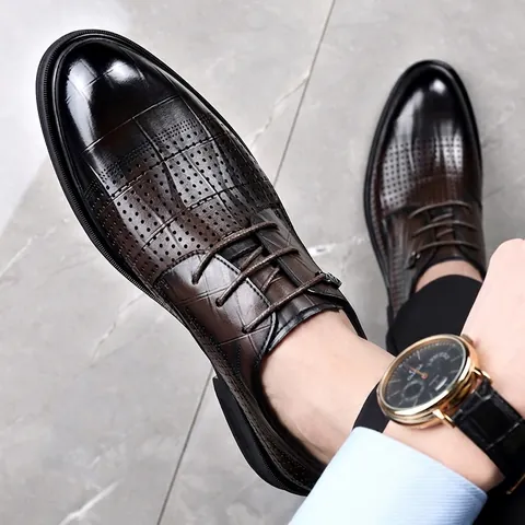 Herren Echtes Leder Business Ausschnitt Halbschuhe Sommer Atmungsaktiv Schnürung Formelle Büro Professional Gentleman Derby Schuhe