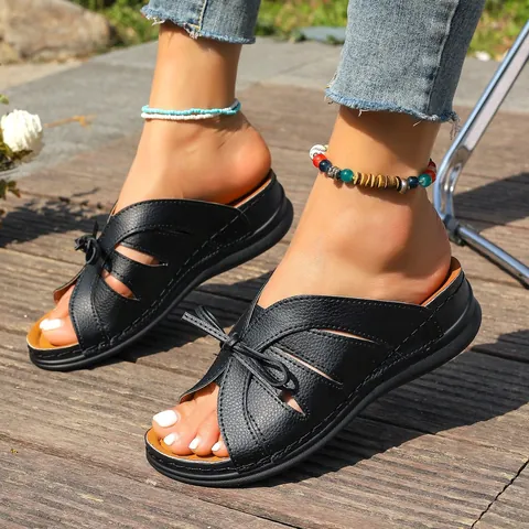 Women Roman Wedge Platform Sandals Bow Decor Hollow Out PU Leather Lightweight Non-Slip Slides Summer Casual Outdoor Beach Shoes Large Size