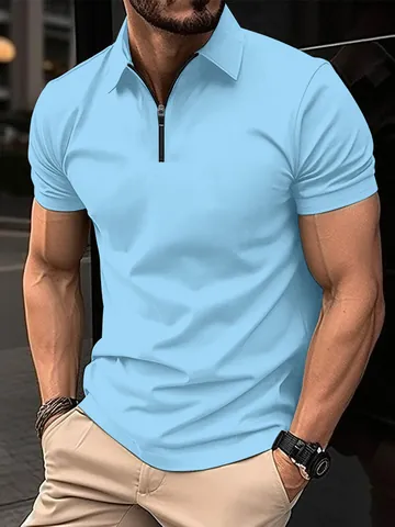 Men's Summer Short Sleeve Polo Shirt Zipper Lapel Neck Solid Color Casual Sporty T-Shirt Breathable Loose Fit Top