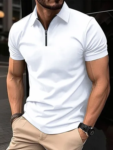 Men's Summer Short Sleeve Polo Shirt Zipper Lapel Neck Solid Color Casual Sporty T-Shirt Breathable Loose Fit Top