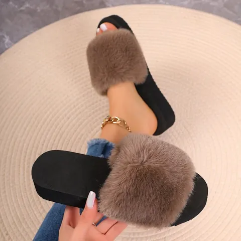 Pantuflas de Piel Sintética a la Moda para Mujer Sandalias Planas de una Banda de Felpa Esponjosas Informales de Punta Abierta para Exterior e Interior