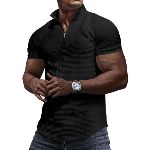 Polo de Punto de Gofre para Hombre Manga Corta con Cuarto de Cremallera Cuello Alto Casual Transpirable Mezcla de Algodón Color Sólido Top de Moda de Verano