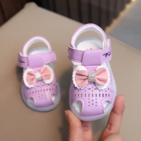 LED Light Up Baby Toddler Girl Sandals Princess Style Bowknot Rhinestone Closed Toe Anti Slip Breathable Summer Walking Shoes