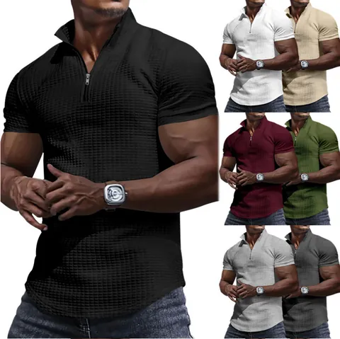 Polo de Punto de Gofre para Hombre Manga Corta con Cuarto de Cremallera Cuello Alto Casual Transpirable Mezcla de Algodón Color Sólido Top de Moda de Verano