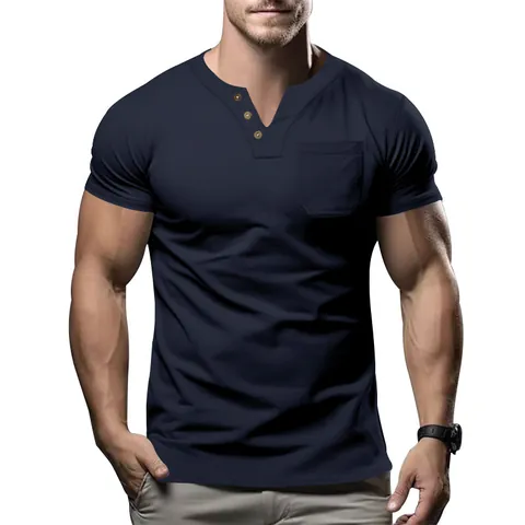 Casual Men's Slim Fit Henley T-Shirt Polyester Short Sleeve Solid Color V-Neck Top With Pocket Summer Fashion Apparel