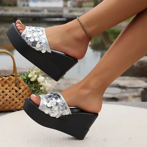 French Style Silver Sequin Wedge Slippers Summer New Thick Sole Platform Sandals Elegant Casual Slip On Mules Women Outdoor Beach Shoes