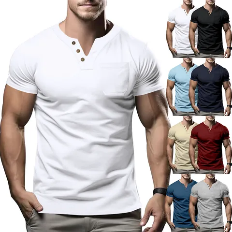 Casual Men's Slim Fit Henley T-Shirt Polyester Short Sleeve Solid Color V-Neck Top With Pocket Summer Fashion Apparel