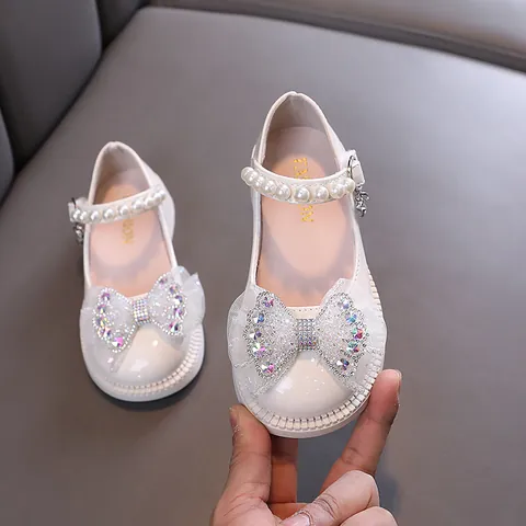 Girls Princess Rhinestone Bow Mary Jane Shoes Patent Leather Pearl Strap Wedding Party Dance Performance Flats