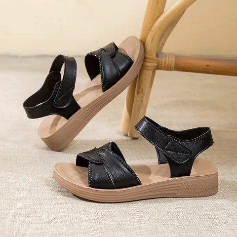 Women Genuine Leather Sandals Comfort Soft Sole Non-slip Summer Shoes For Middle-aged Mother Wedge Flat Hook-and-loop Sandal