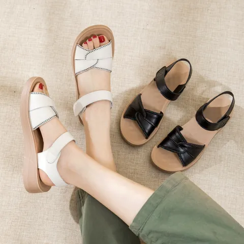 Women Genuine Leather Sandals Comfort Soft Sole Non-slip Summer Shoes For Middle-aged Mother Wedge Flat Hook-and-loop Sandal