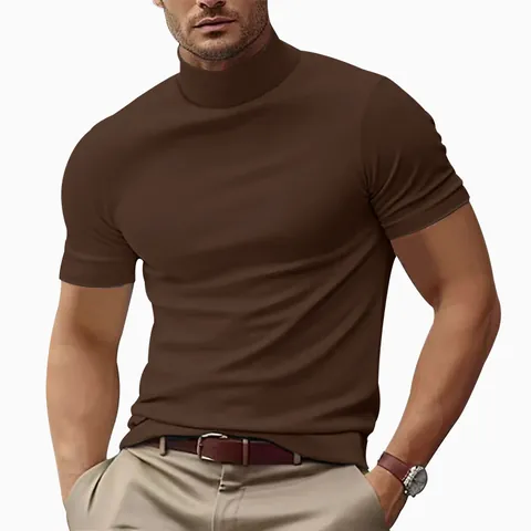 Men Mock Neck Short Sleeve T-Shirt Slim Fit Solid Color Polyester Casual Mock High Collar Summer Base Layer Top