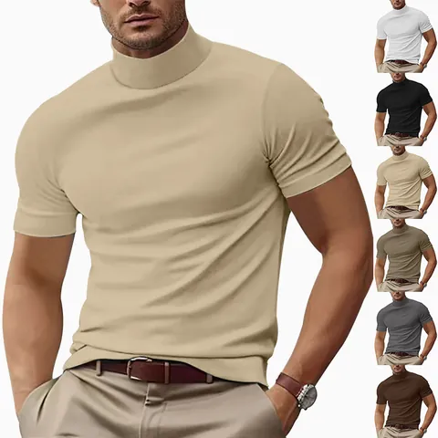 Men Mock Neck Short Sleeve T-Shirt Slim Fit Solid Color Polyester Casual Mock High Collar Summer Base Layer Top