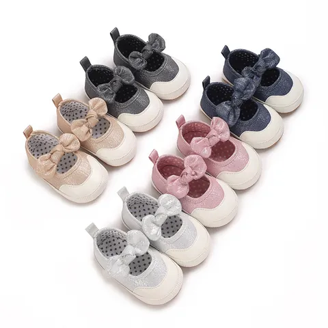 Baby Girls Princess Mary Jane Shoes Soft Sole Non-Slip First Walkers With Bow Sparkling PU Leather Toddler Infant Flat Shoes
