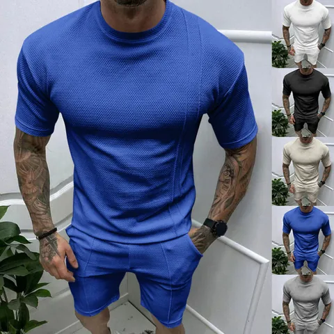 Heren Wafelstructuur Casual Sportpak Effen Kleur Ronde Hals Korte Mouw Top En Bottom Zomer Lichtgewicht Ademend Lounge Outfit