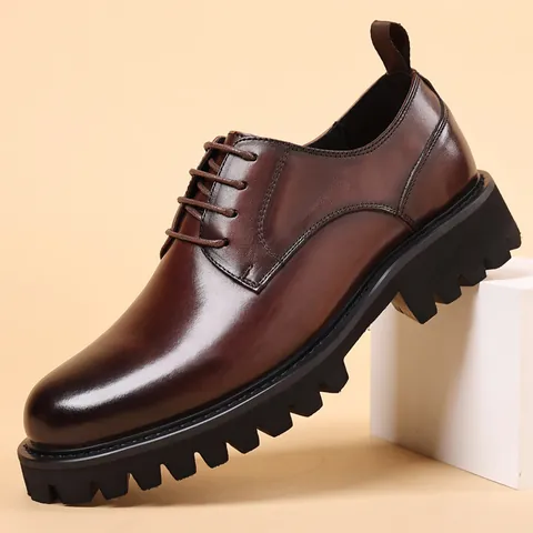 Zapatos Casuales de Negocios para Hombre Cuero de Vaca Primera Capa Estilo Británico Punta Redonda Aumento Altura Suela Gruesa Derby