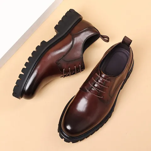 Zapatos Casuales de Negocios para Hombre Cuero de Vaca Primera Capa Estilo Británico Punta Redonda Aumento Altura Suela Gruesa Derby