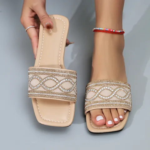 Dames Mode Microvezel Strass Slippers Vierkante Teen Platte Strand Sandalen Casual Slip On Outdoor Zomerschoenen