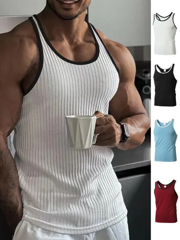 Men's Summer Knit Ribbed Fitness Sports Vest Slim Fit Racerback Contrast Color Binding Muscle Workout Training Tank Top