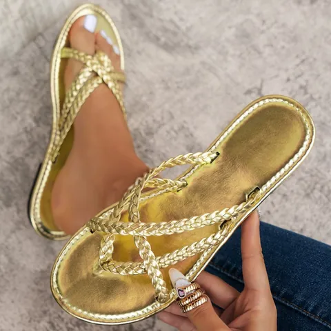 Sandales Plates pour Femmes Brins Tressés Métalliques Tongs Pantoufles Sans Fermeture Été Chaussures de Plage Décontracté Couleur Unie Bout Ouvert Slides