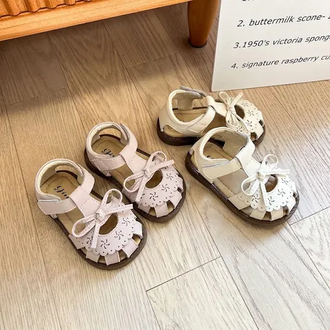 Sandales Princesse d'Été pour Bébé Filles en Cuir Microfibre avec Nœud Ajouré Semelle Souple Chaussures de Marche Beige Rose Respirantes