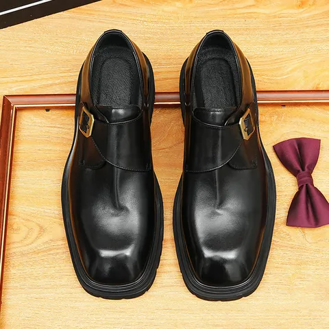 Men Business Casual Leather Monk Strap Shoes British Style Thick Sole Single Buckle Breathable Dress Shoes For Men Office