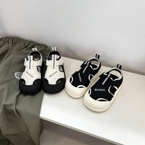 Toddler Boys Closed Toe Sandals Breathable Hollow Out Microfiber Leather Beach Shoes Summer Kids Anti Slip Soft Sole Velcro Sandals 16-30