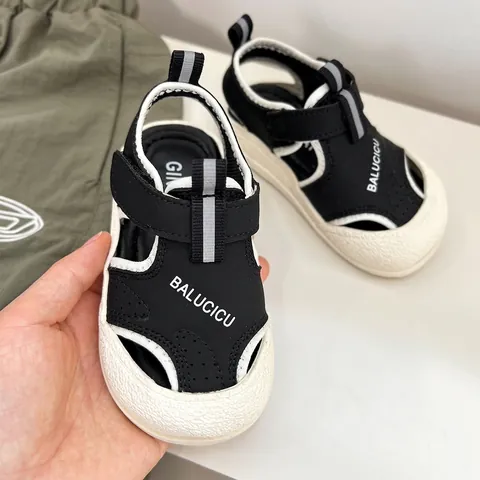 Toddler Boys Closed Toe Sandals Breathable Hollow Out Microfiber Leather Beach Shoes Summer Kids Anti Slip Soft Sole Velcro Sandals 16-30