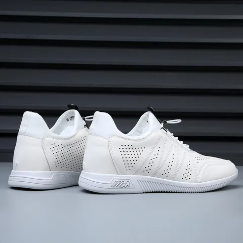 Men Hollow Out Cowhide Leather Casual Shoes White Hidden Height Increase Breathable Slip On Sports Sneakers Fashion Loafers