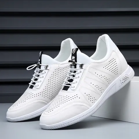 Men Hollow Out Cowhide Leather Casual Shoes White Hidden Height Increase Breathable Slip On Sports Sneakers Fashion Loafers