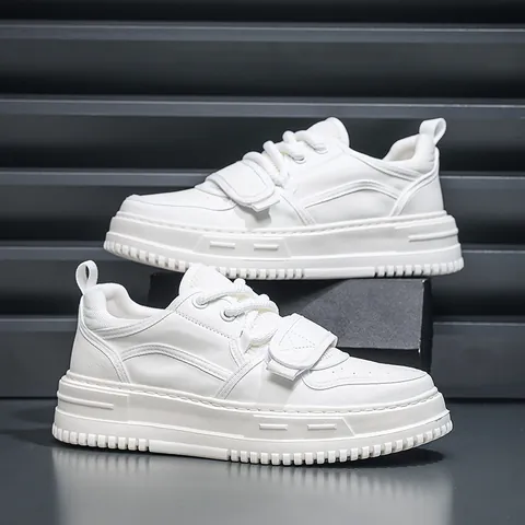 Men White Platform Board Shoes Fashion Streetwear Sneakers Split Cowhide Leather Mesh Casual Lace-up Velcro Sneakers For Daily Wear