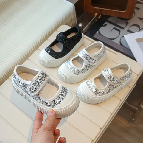 Mode Mädchen Pailletten Segeltuchschuhe Koreanischer Stil Mary Jane Prinzessin Flats Mit Klettverschluss Rutschfeste Gummisohle Kinder