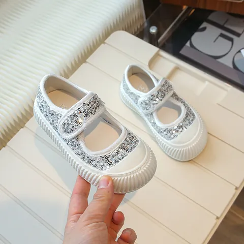 Mode Mädchen Pailletten Segeltuchschuhe Koreanischer Stil Mary Jane Prinzessin Flats Mit Klettverschluss Rutschfeste Gummisohle Kinder